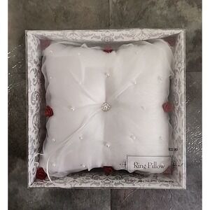 White Wedding Ring Pillow Bearer With Pearl Beads And Red Roses